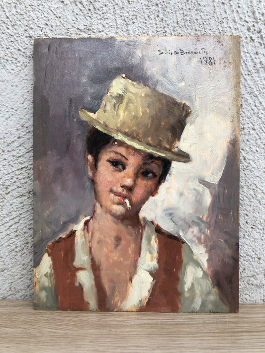 Quadro vintage -Scugnizzo Con Sigaretta- dipinto a olio su tavoletta