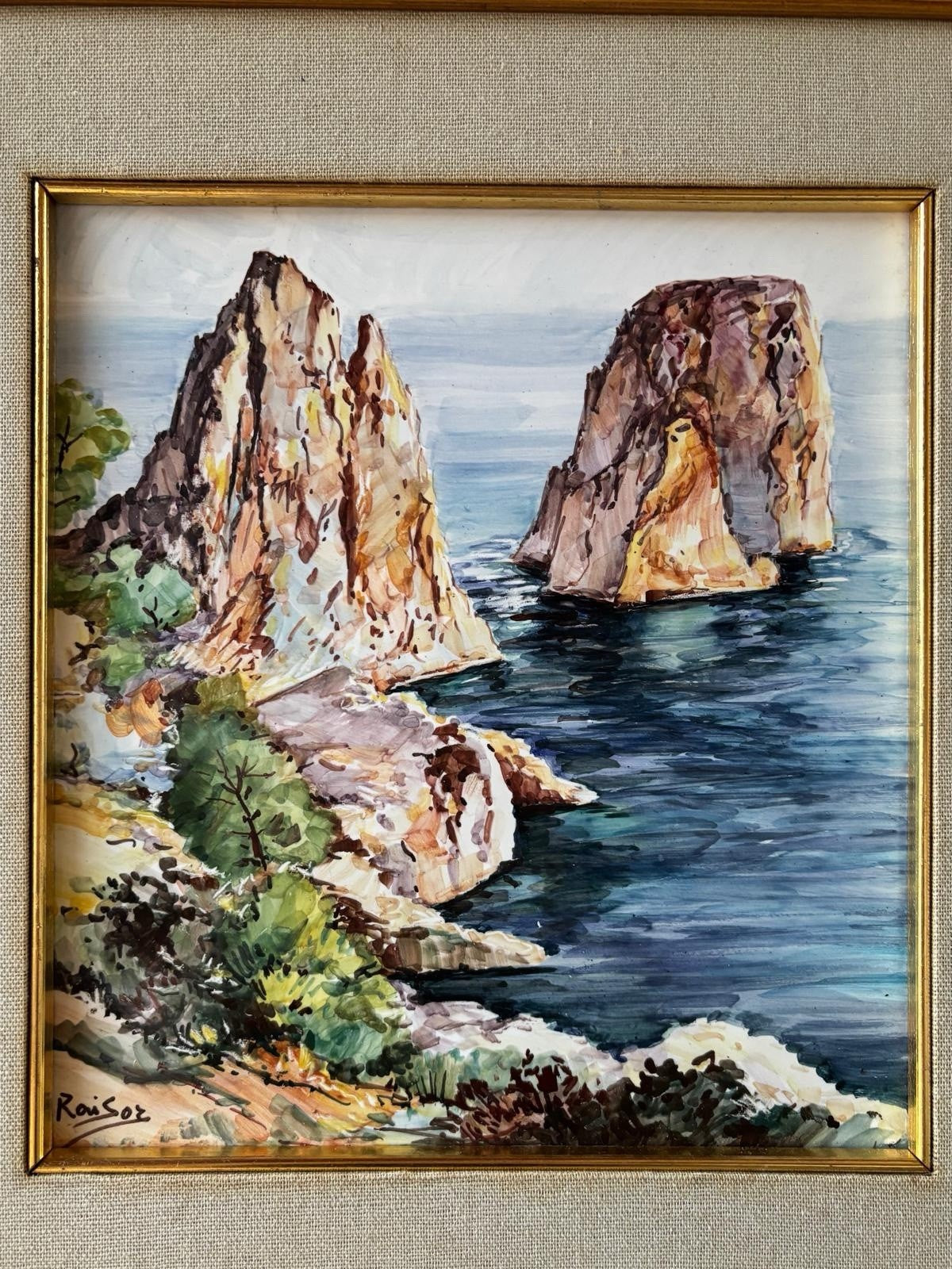 Quadro -Capri, I Faraglioni- dipinto su mattonella
