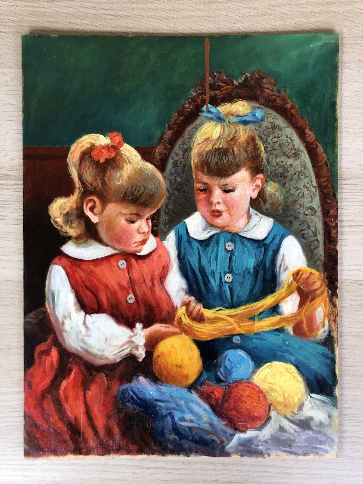 Quadro -Fanciulle Con Gomitoli Di Lana- dipinto a olio su tavoletta