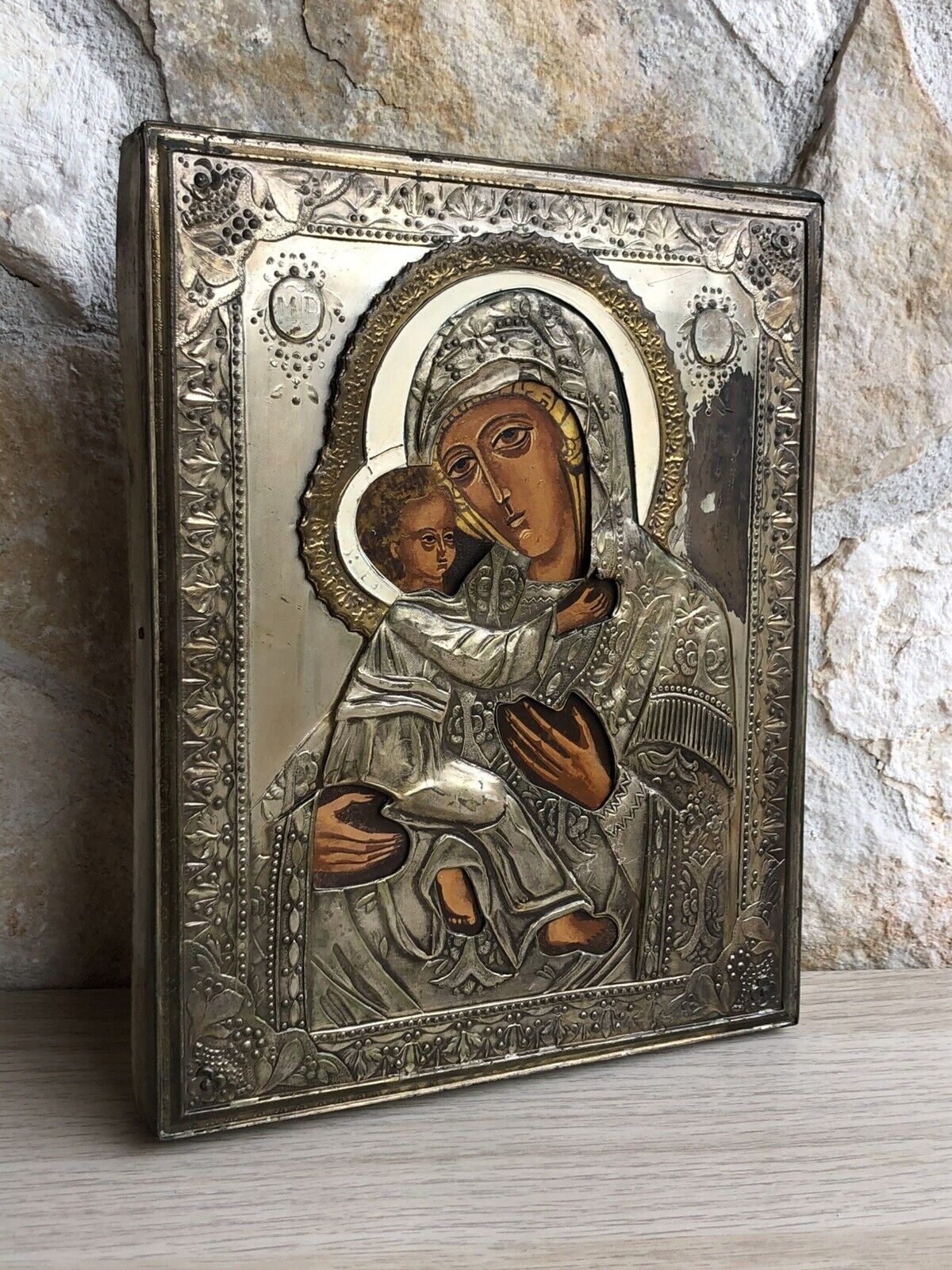 Icona Religiosa Russa Dipinta Vintage, Madonna Di Vladimir