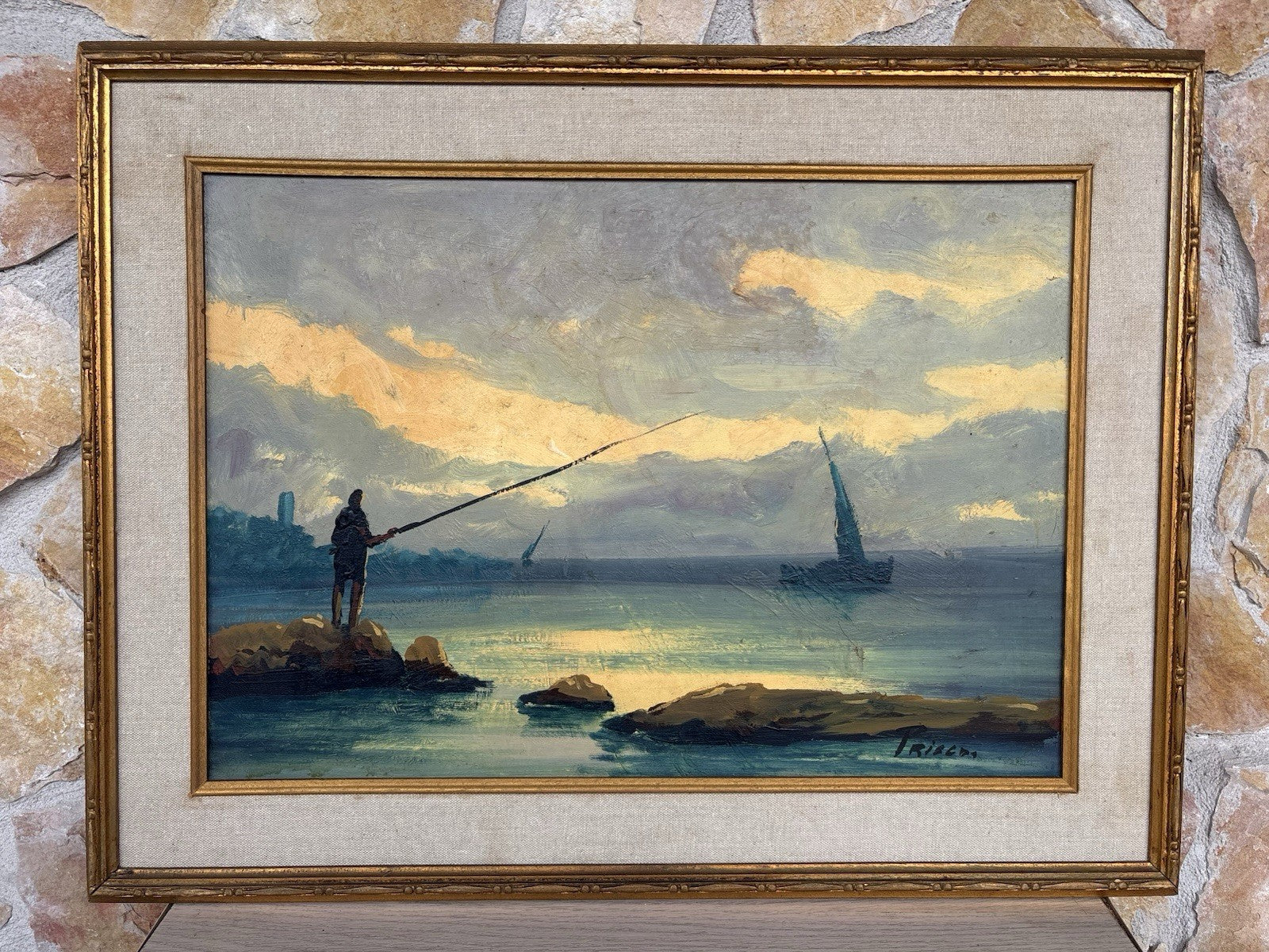 Quadro -Marina Con Pescatore- dipinto a olio