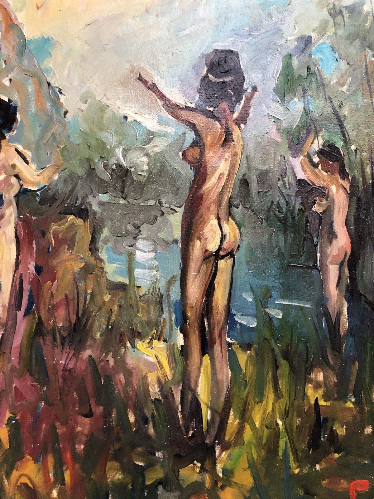 Quadro vintage -Bagnanti- dipinto a olio su tela