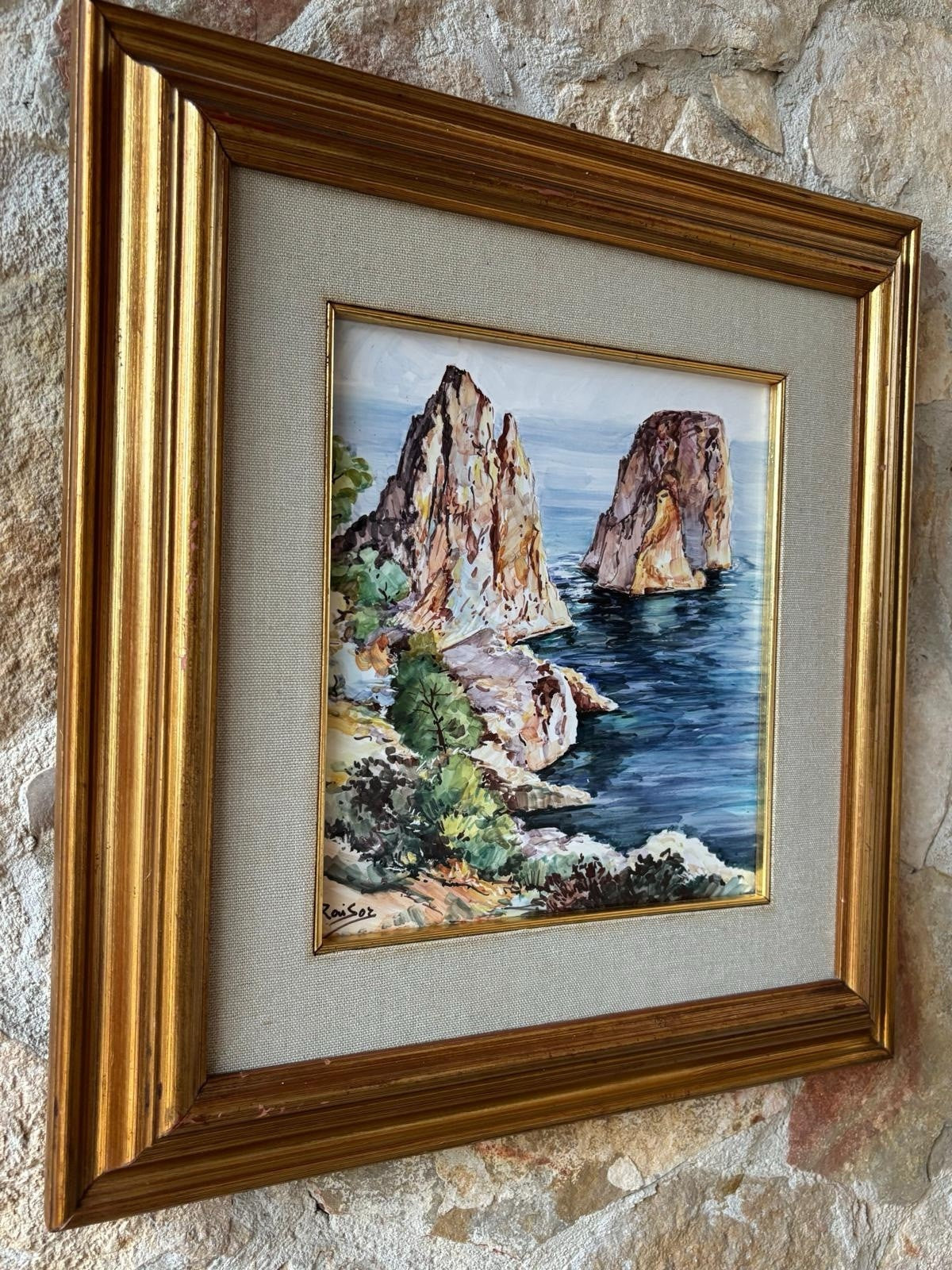 Quadro -Capri, I Faraglioni- dipinto su mattonella