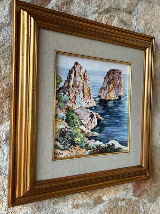 Quadro -Capri, I Faraglioni- dipinto su mattonella