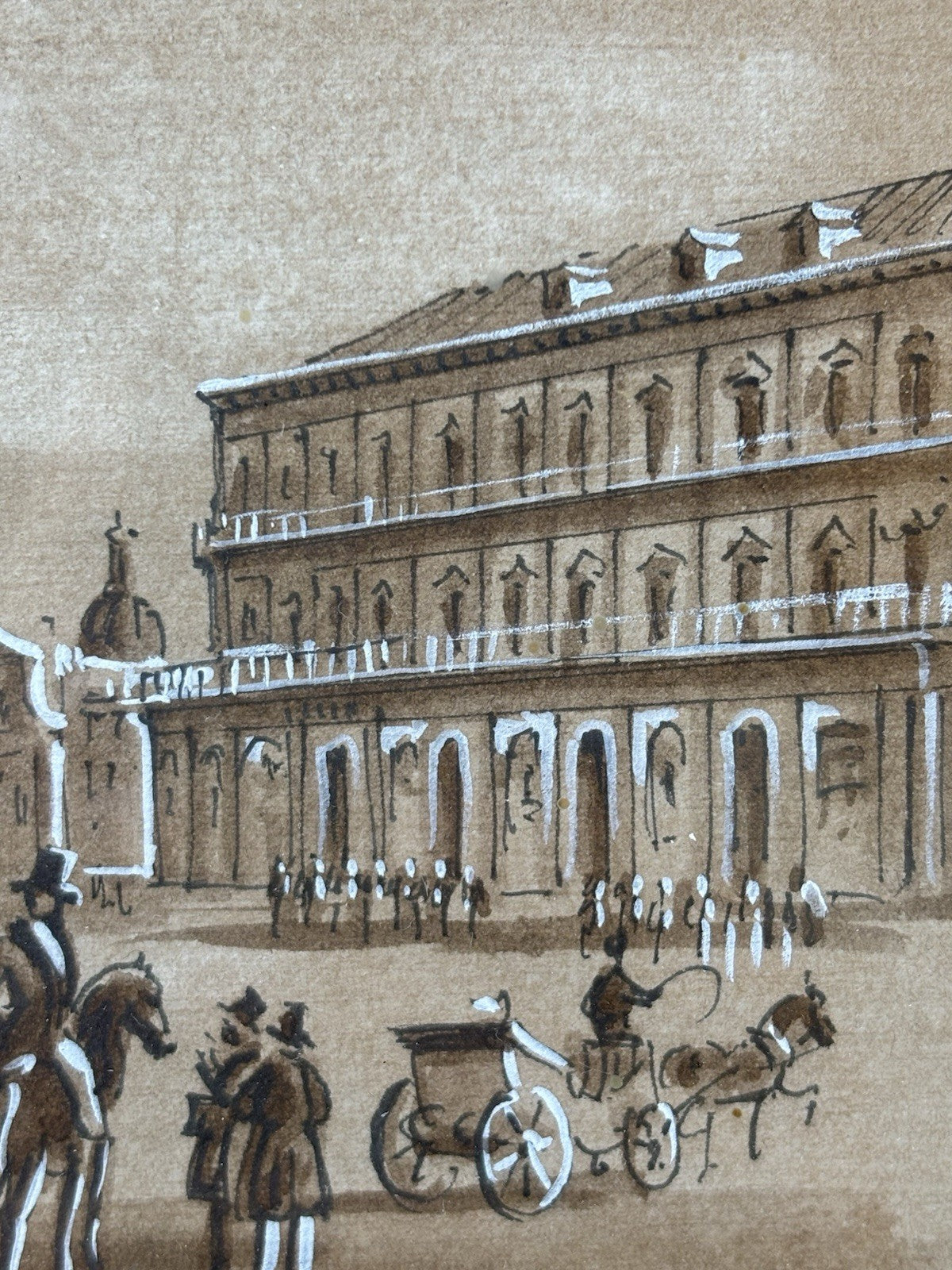 Quadro antico -Napoli, Piazza Plebiscito- realizzato a tecnica mista su carta