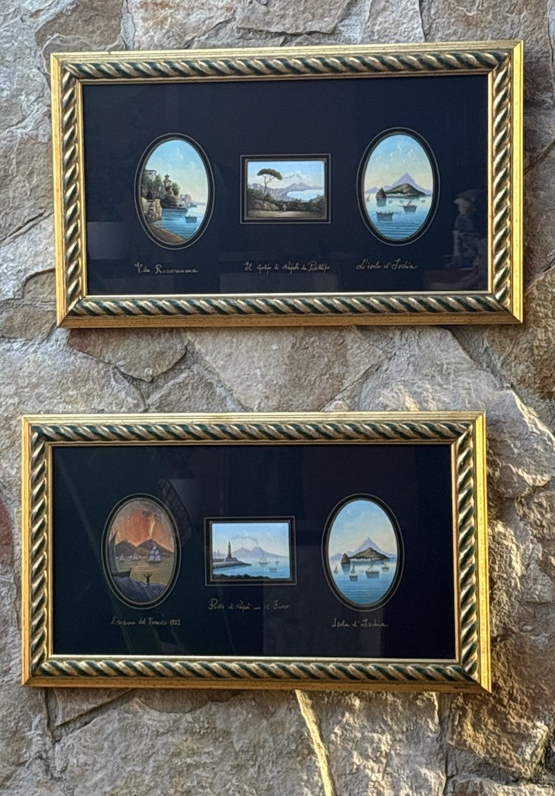 Coppia Di Quadri Vintage Gouache Dipinti -Napoli-