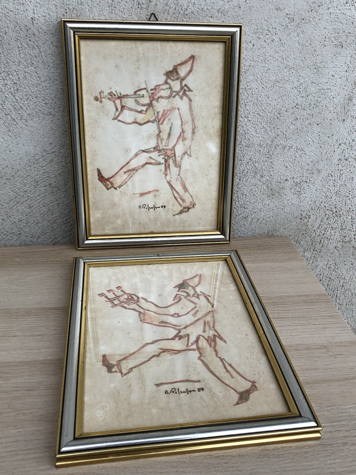 Coppia di quadri -Pulcinella- Vittorio Pisco a tecnica mista su carta