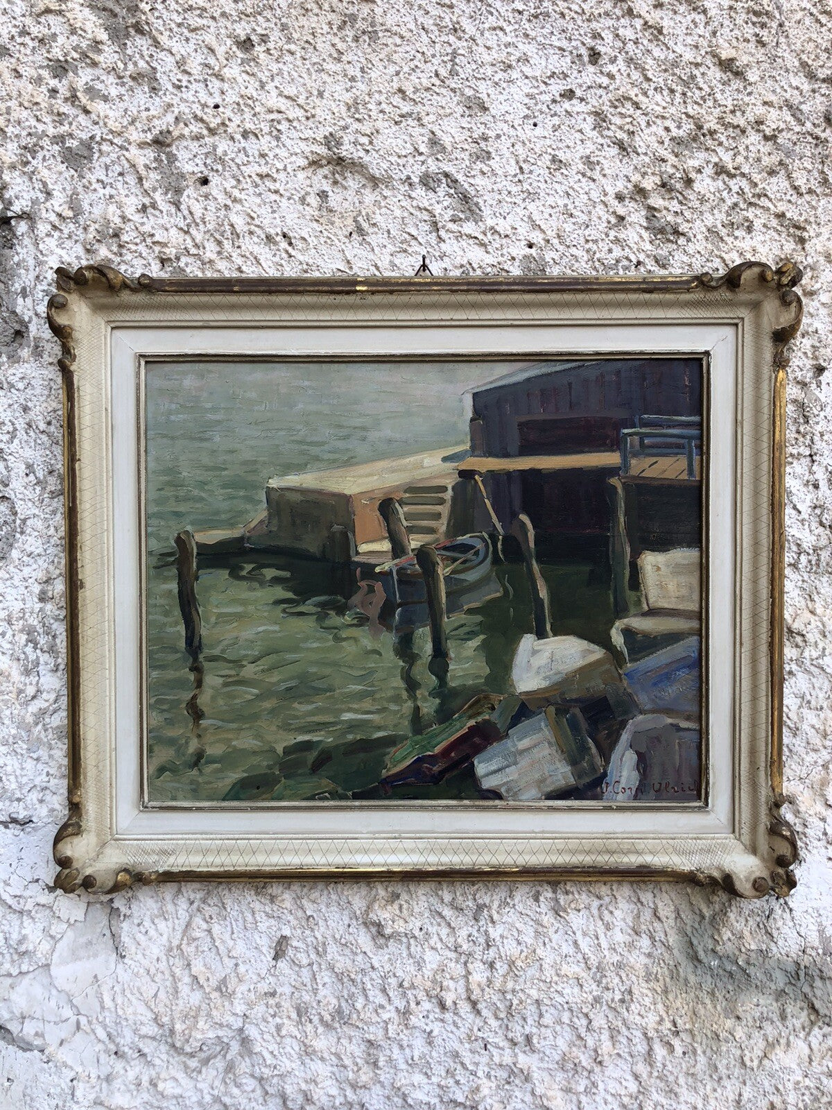 Quadro vintage francese -Barca Al Molo- dipinto a olio su tavoletta