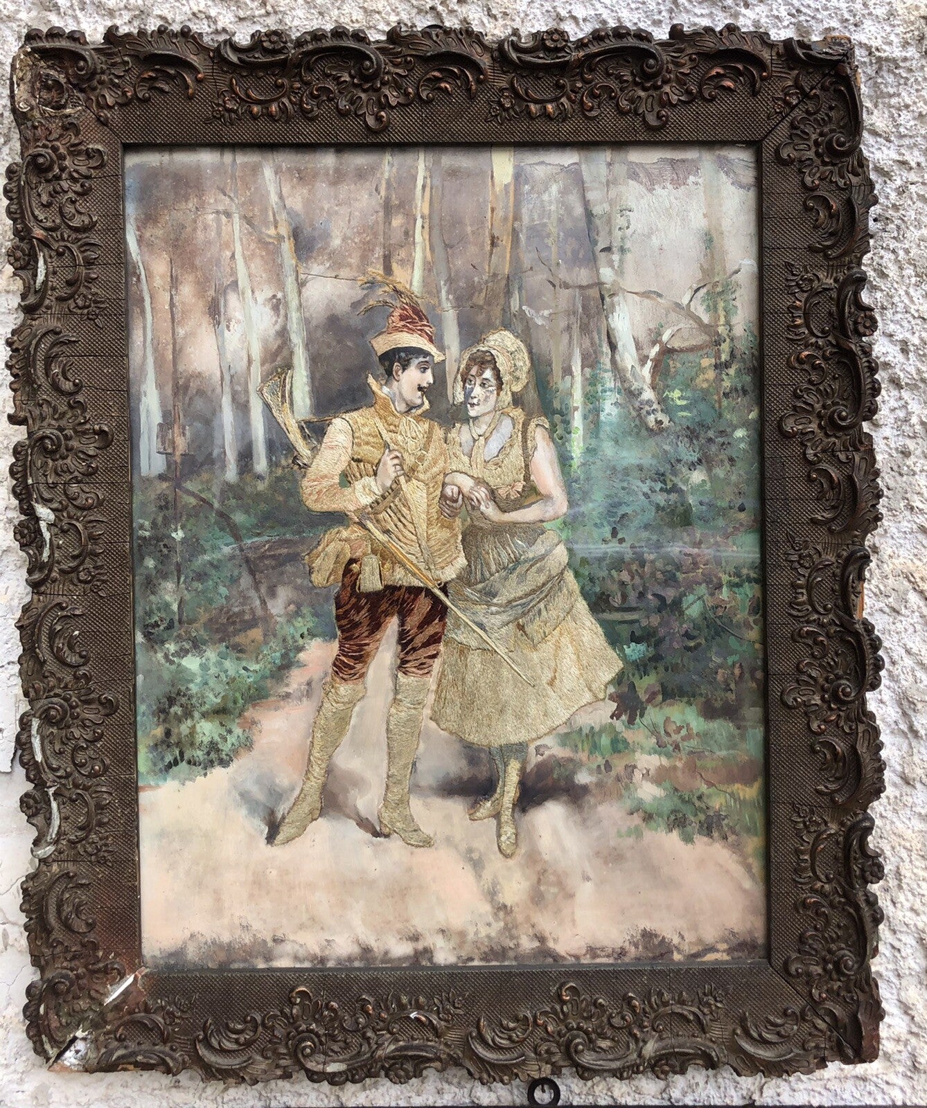 Coppia di quadri antichi ricamati e dipinti su raso in seta e cotone- tec. mista