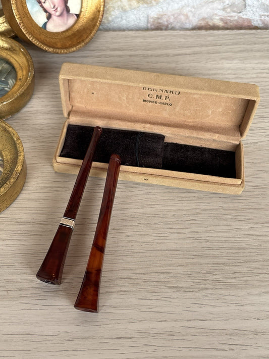 Coppia Di Bocchini Vintage Per Sigaretta In Bachelite Color Ambra