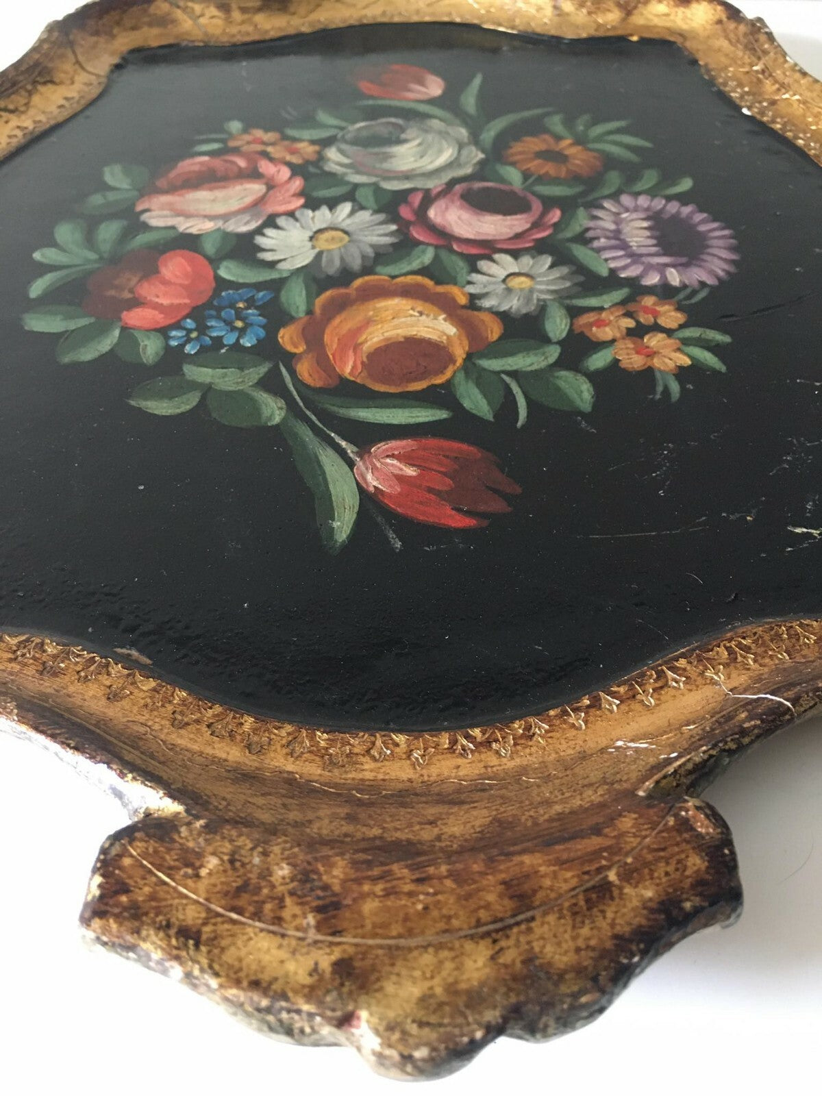 Vassoio dipinto a mano in legno fiorentino vintage con appoggio in ottone
