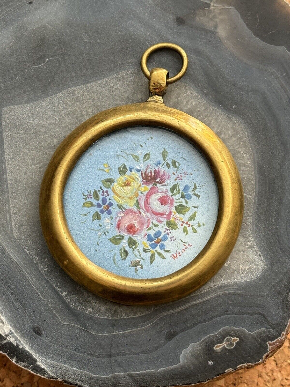Quadretto Vintage Miniatura Fiori Dipinto A Olio