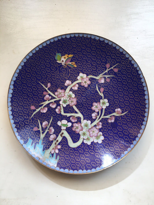 Piatto decorativo in ottone e cloisonné cinese orientale- Fiori di Pesco
