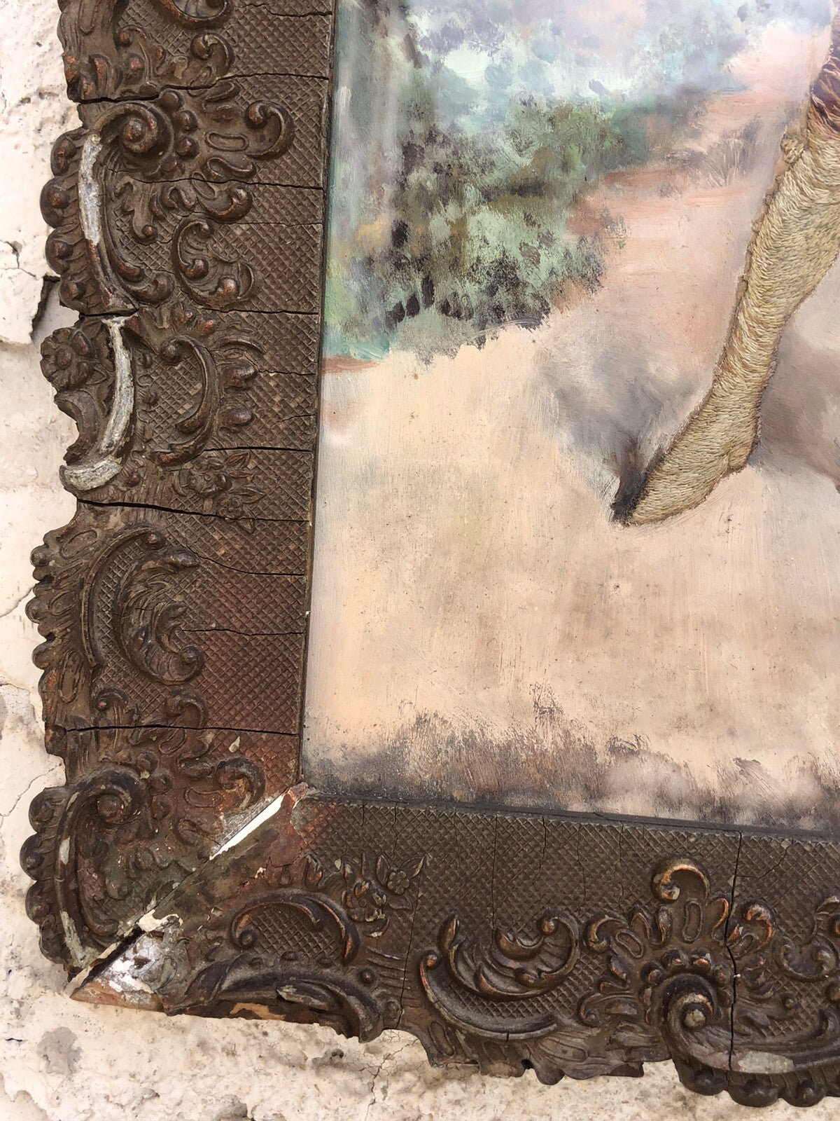 Coppia di quadri antichi ricamati e dipinti su raso in seta e cotone- tec. mista