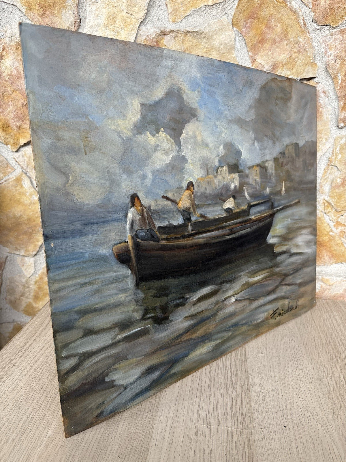 Quadro -Marina Con Barca- Francesco Nicolardi- dipinto a olio su masonite