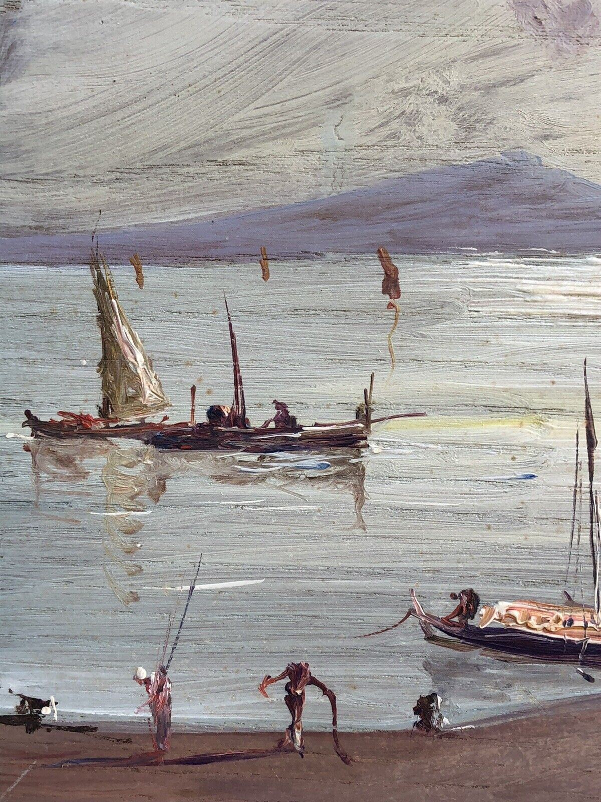 Quadro vintage -Marina Con Vesuvio- dipinto a olio su tavola
