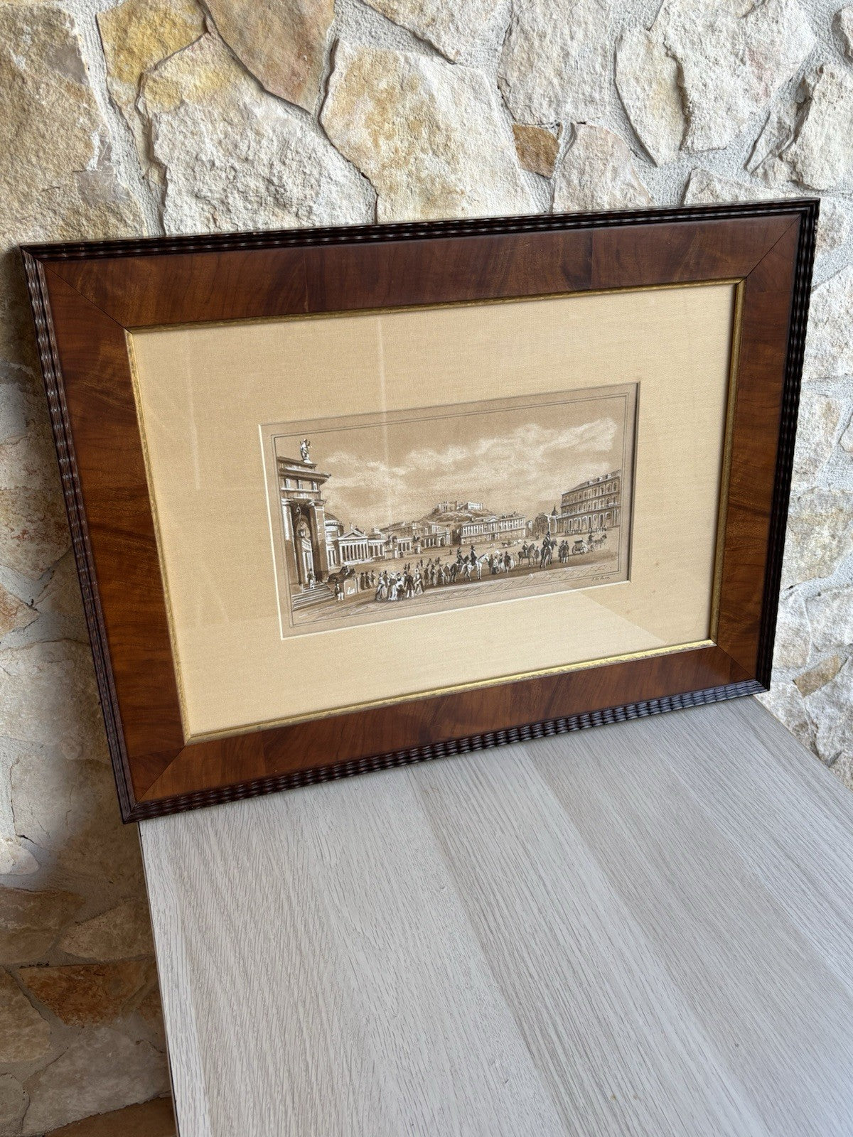 Quadro antico -Napoli, Piazza Plebiscito- realizzato a tecnica mista su carta