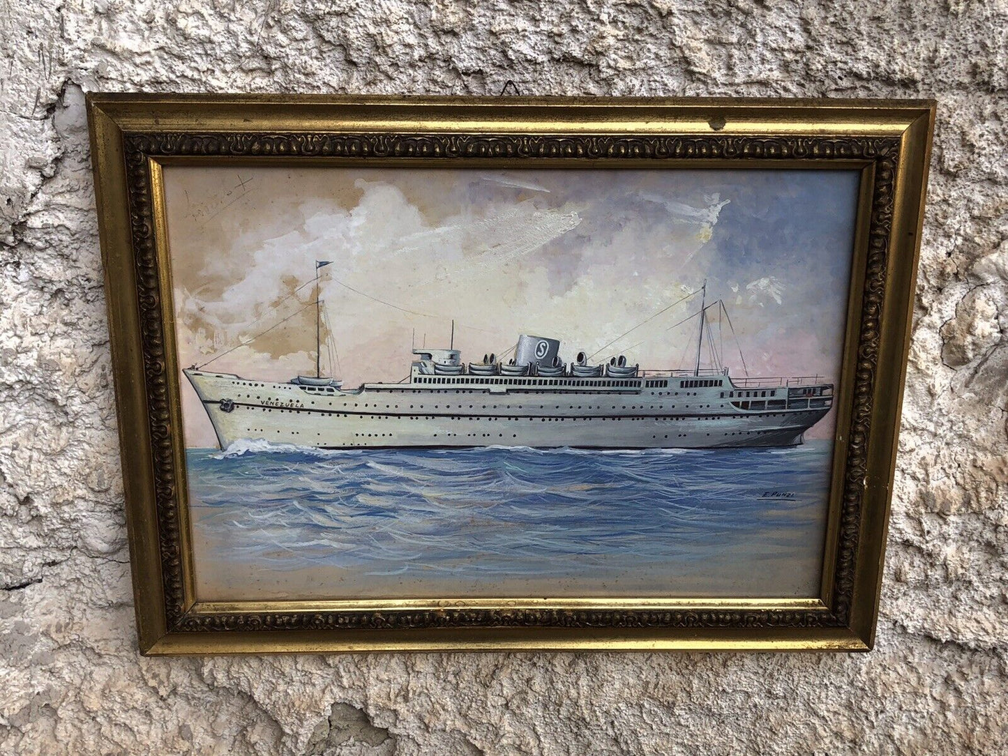 Quadro dipinto Nave “Venezuela Grimaldi Siosa Line” vintage