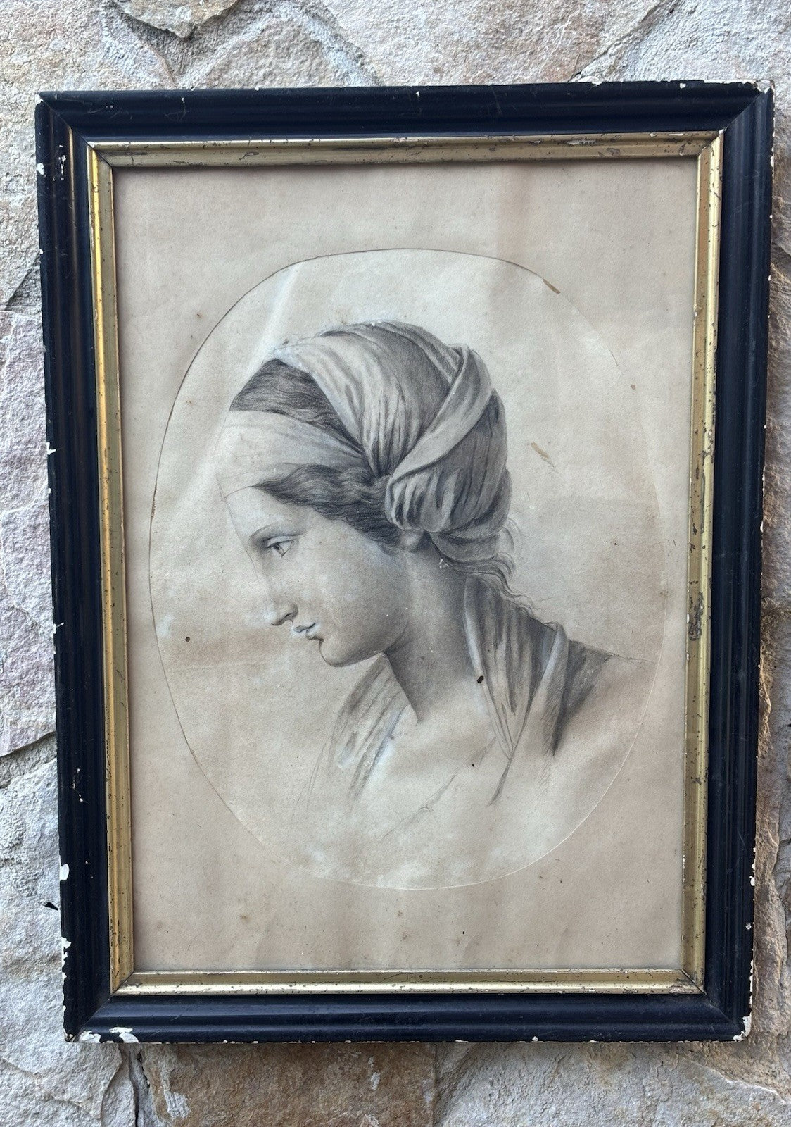 Quadro antico -Profilo Di Donna- disegno su carta