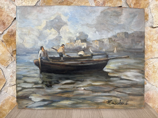 Quadro -Marina Con Barca- Francesco Nicolardi- dipinto a olio su masonite