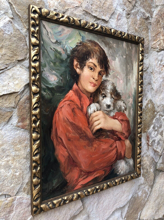 Quadro vintage -Fanciullo Con Cagnolino- dipinto a olio