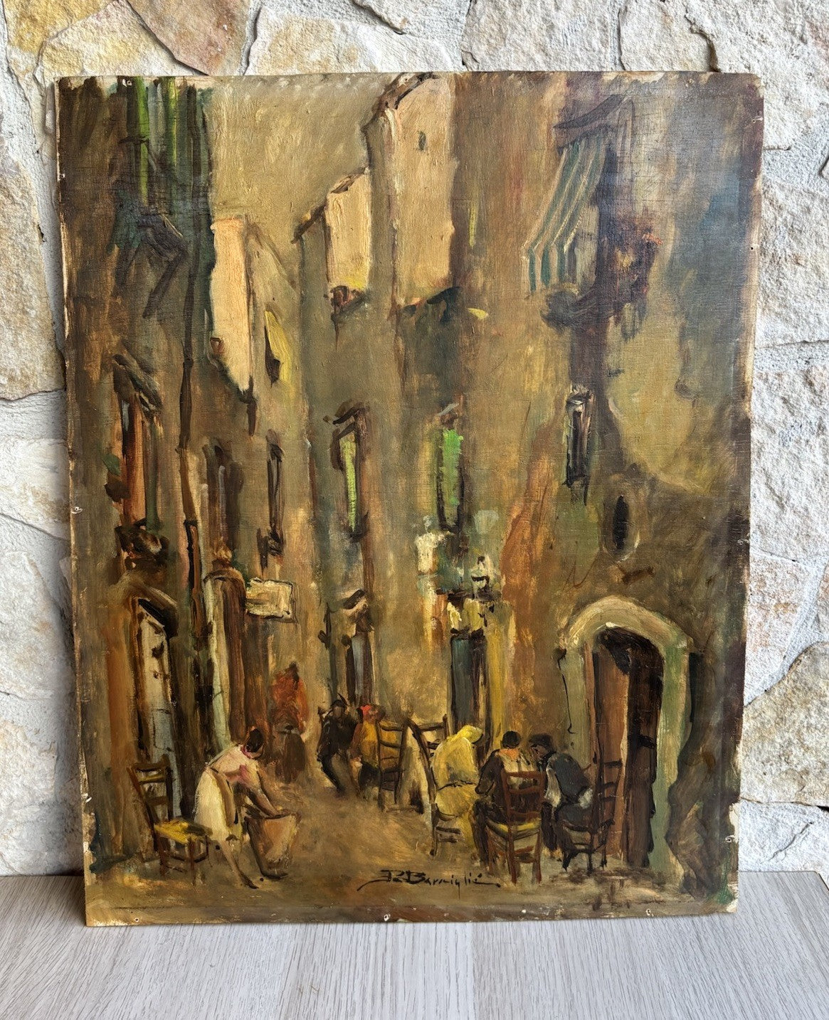 Quadro -Vicolo Con Figure- Raffaele Barscigliè dipinto a olio su tavoletta