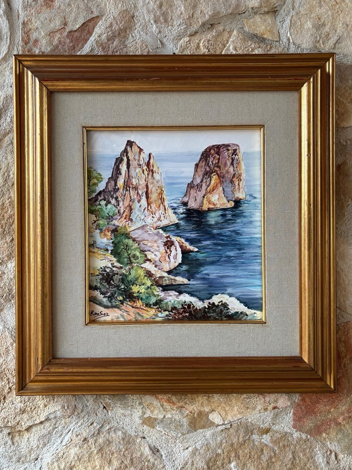 Quadro -Capri, I Faraglioni- dipinto su mattonella