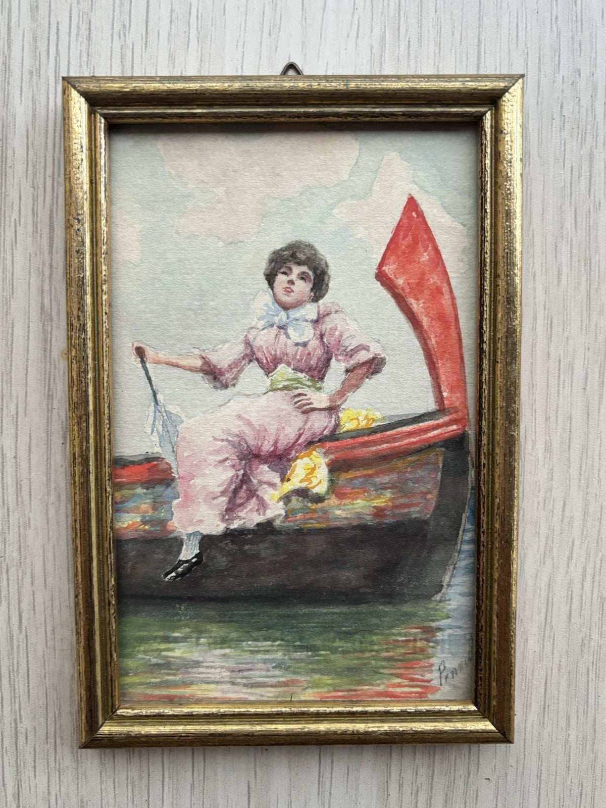 Piccolo quadro miniatura -Donna Su Barca- realizzato ad acquerello su carta