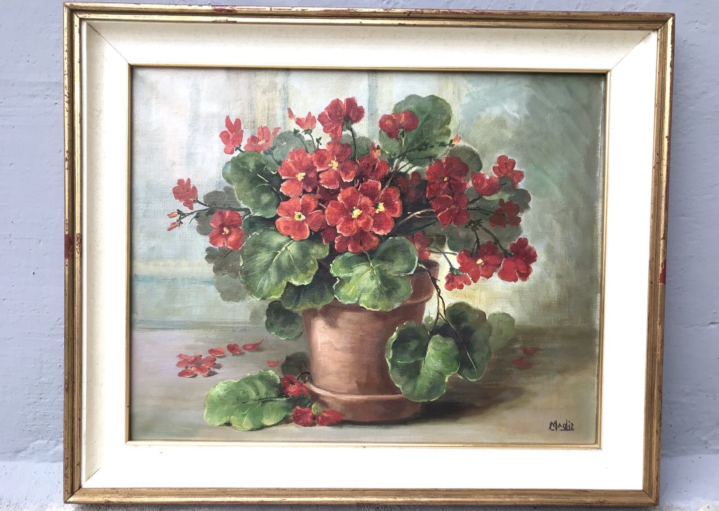 QUADRO VINTAGE -VASO CON GERANI-DIPINTO A OLIO SU TELA