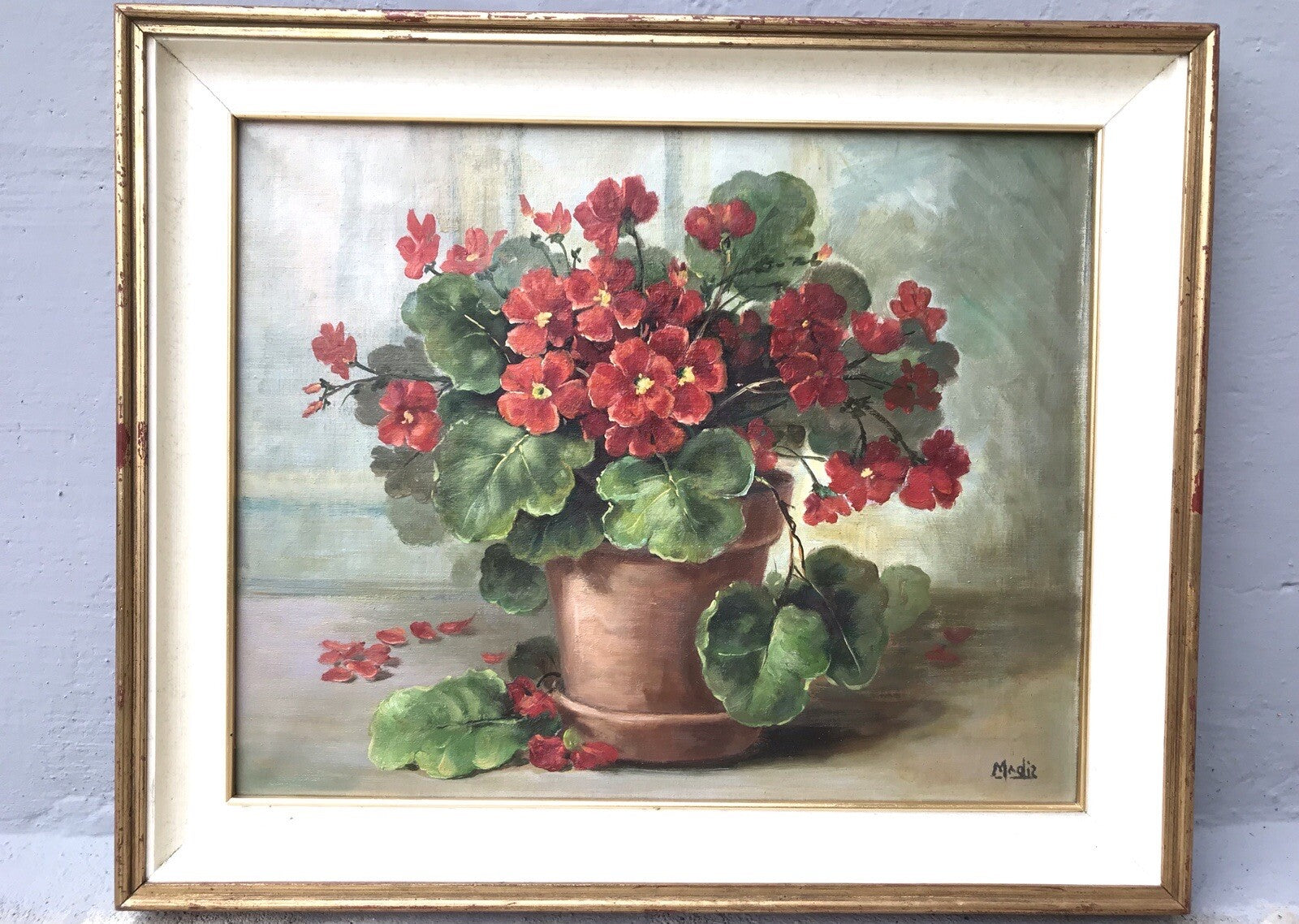 QUADRO VINTAGE -VASO CON GERANI-DIPINTO A OLIO SU TELA