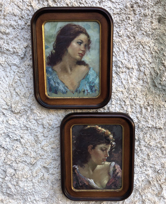 Coppia quadri vintage -Figure Donne- dipinti  a olio su tavola