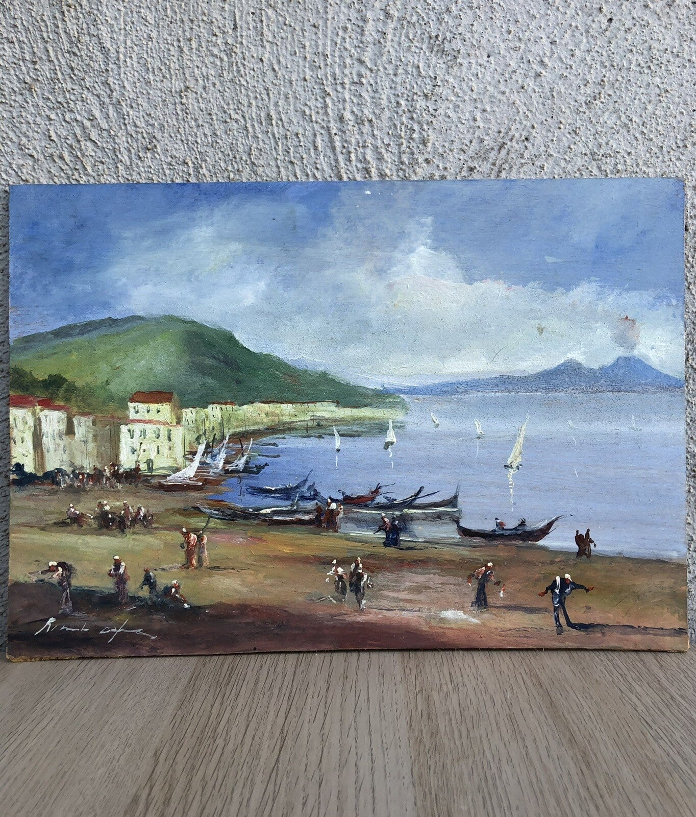 Quadro vintage -Marina Con Figure- dipinto a olio su tavoletta