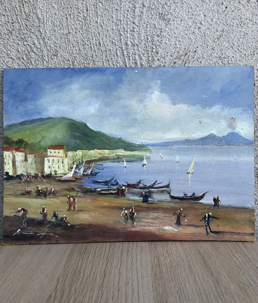 Quadro vintage -Marina Con Figure- dipinto a olio su tavoletta