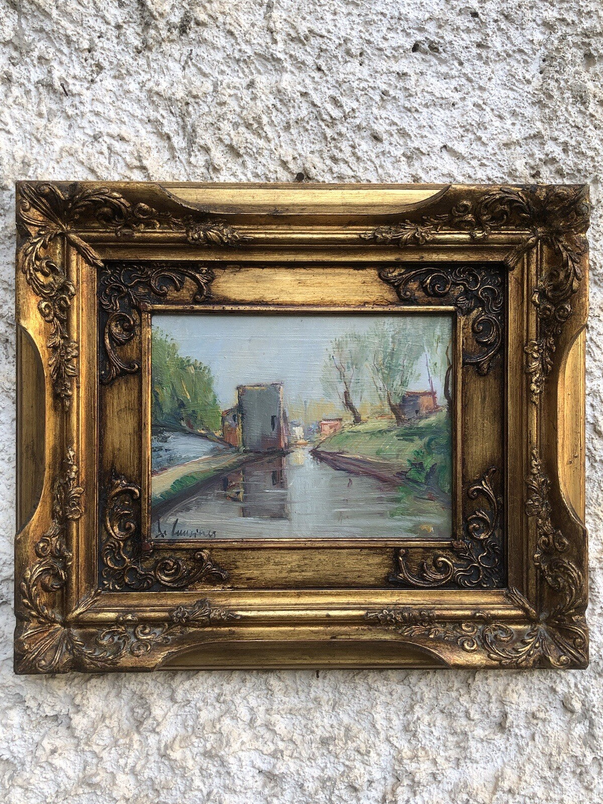 Quadro vintage -Paesaggio Con Fiume- dipinto a olio