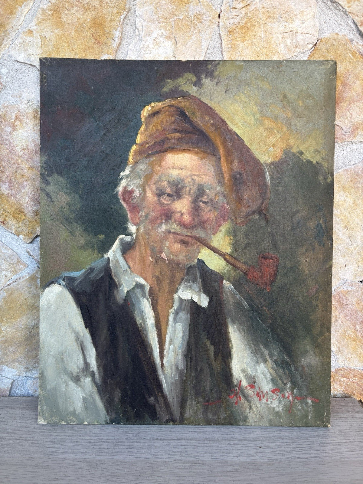 Quadro -Anziano Con Pipa- Angelo Sansone- dipinto a olio su tela