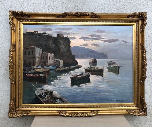 Quadro -Marina Di Procida Al Tramonto- dipinto a olio su tela
