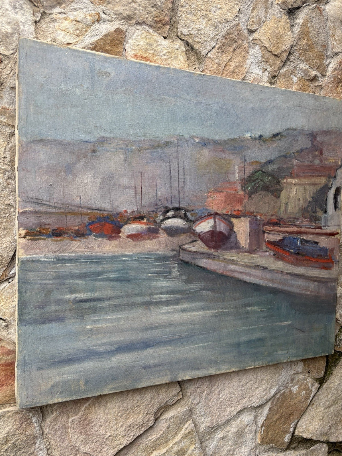 Quadro -Barche Al Porto- dipinto a olio su tela