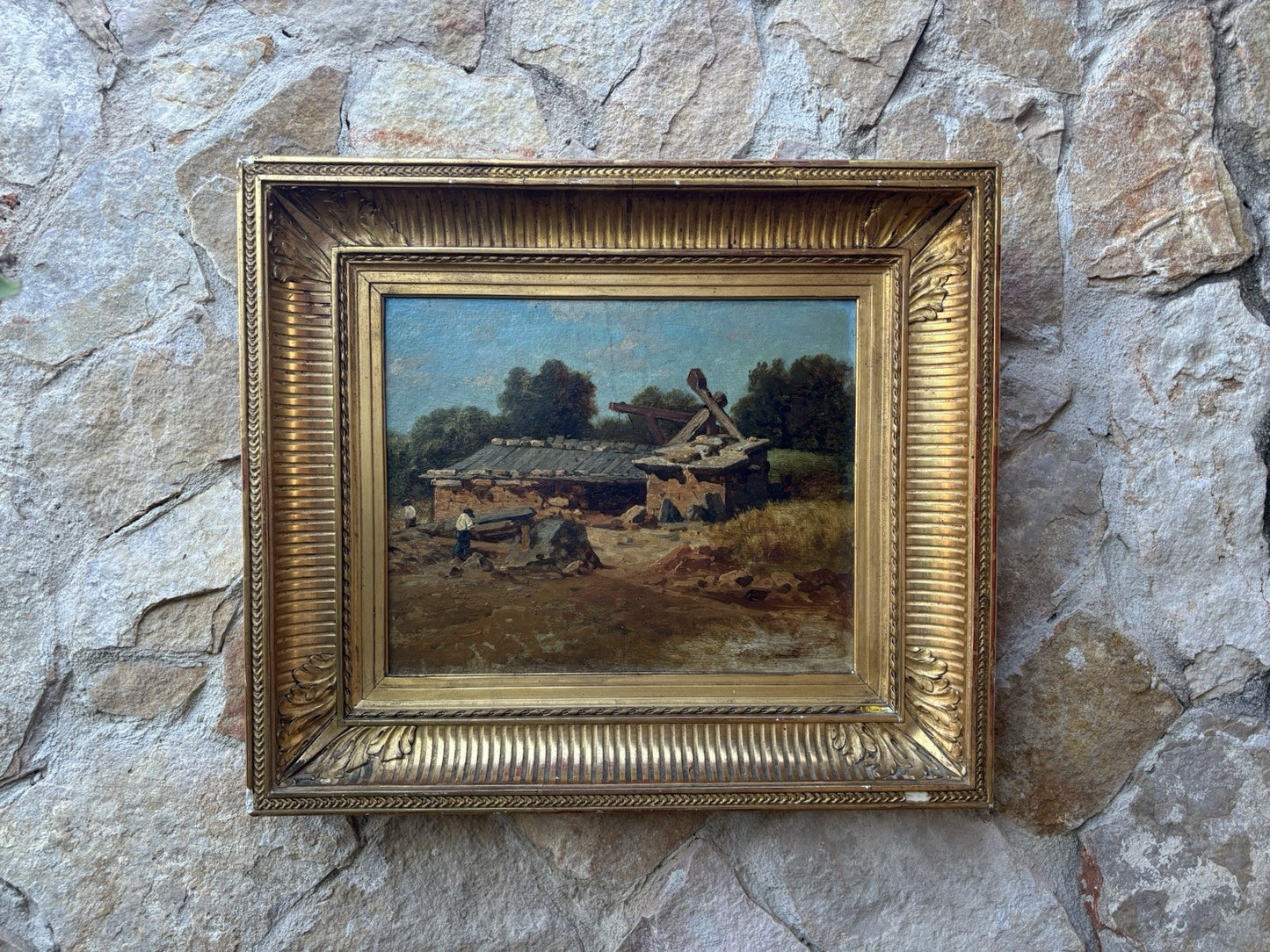 Quadro antico scuola francese -Paesaggio- dipinto a olio