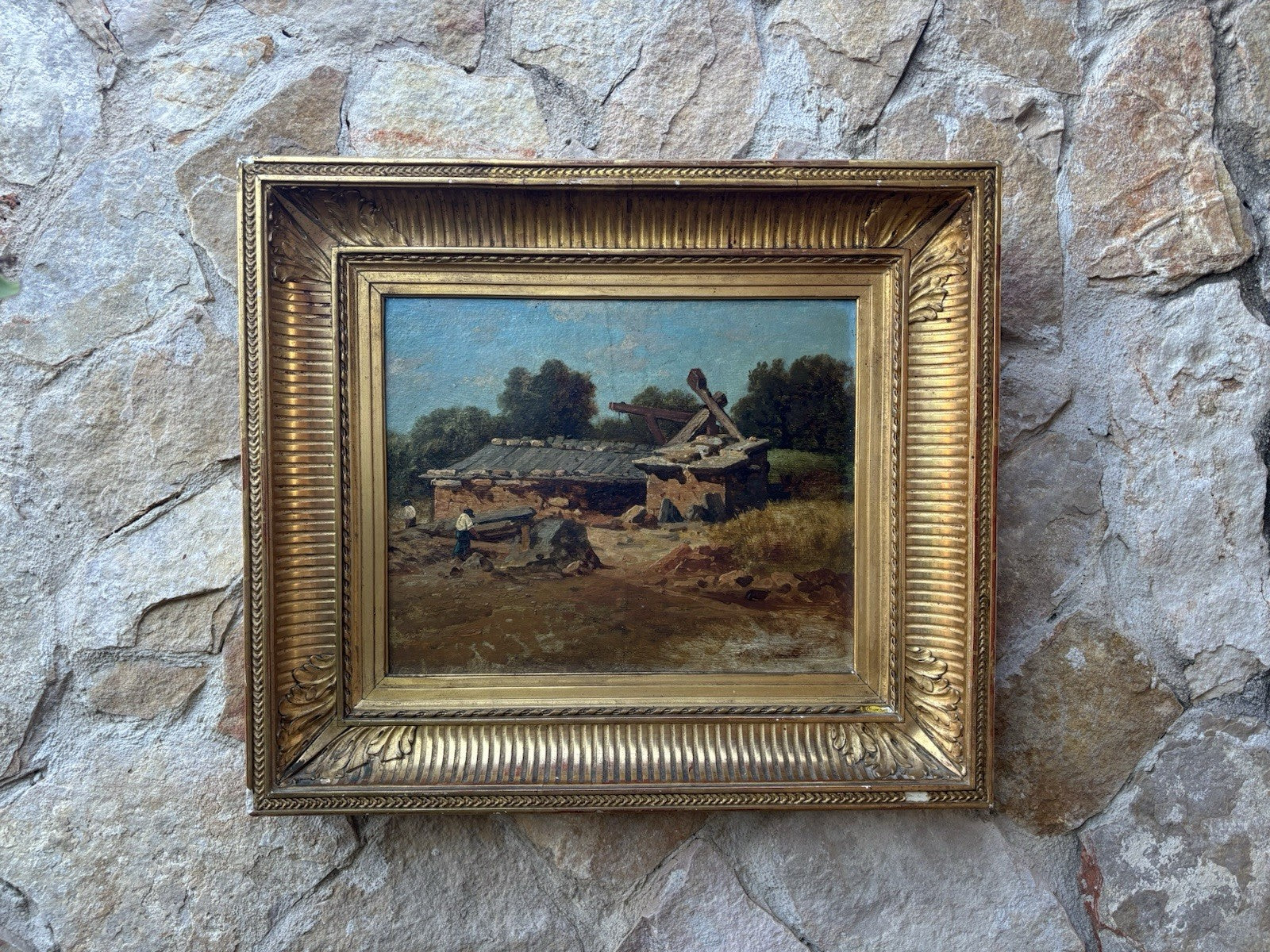 Quadro antico scuola francese -Paesaggio- dipinto a olio