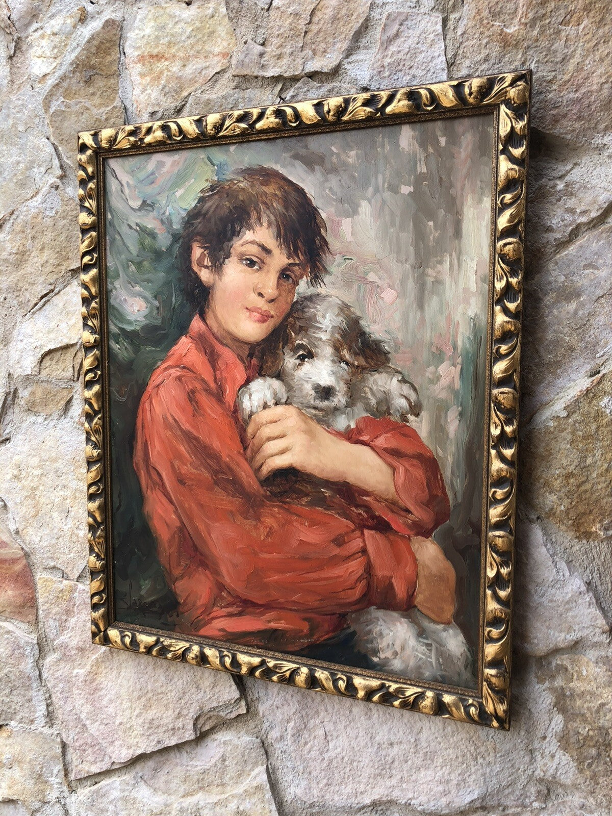 Quadro vintage -Fanciullo Con Cagnolino- dipinto a olio
