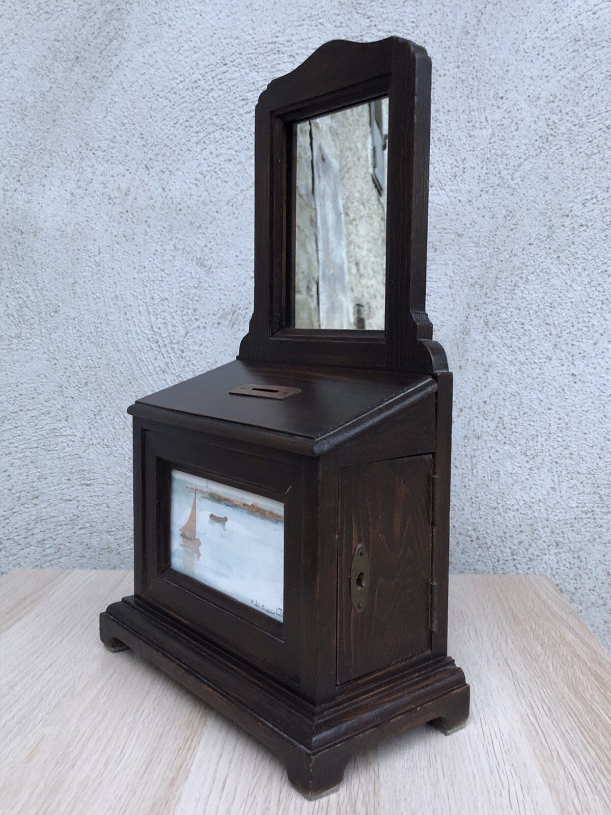 Specchiera in legno vintage con dipinto su cartoncino