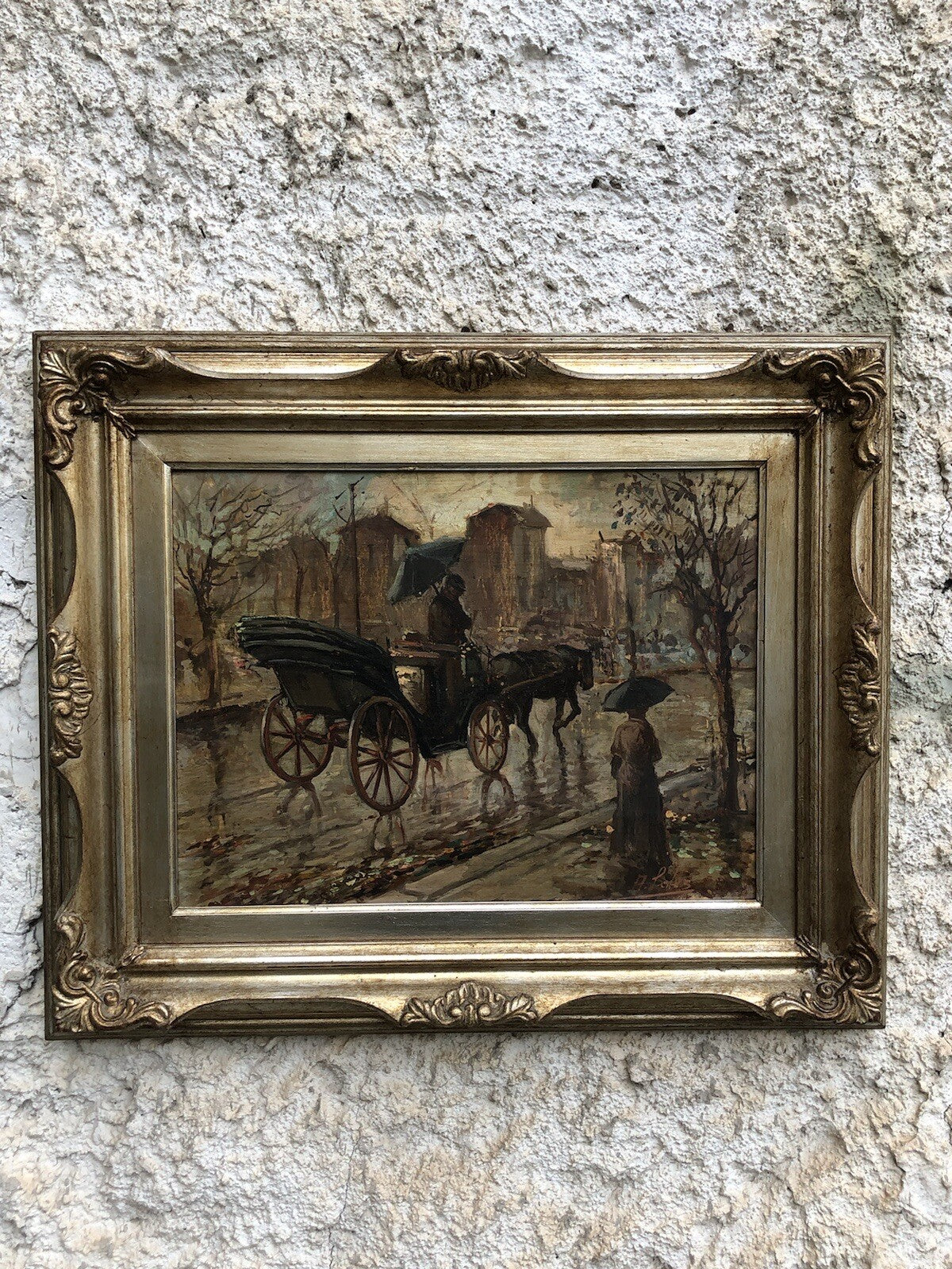 Quadro vintage -Carrozza Con Figure- dipinto a olio su tavoletta