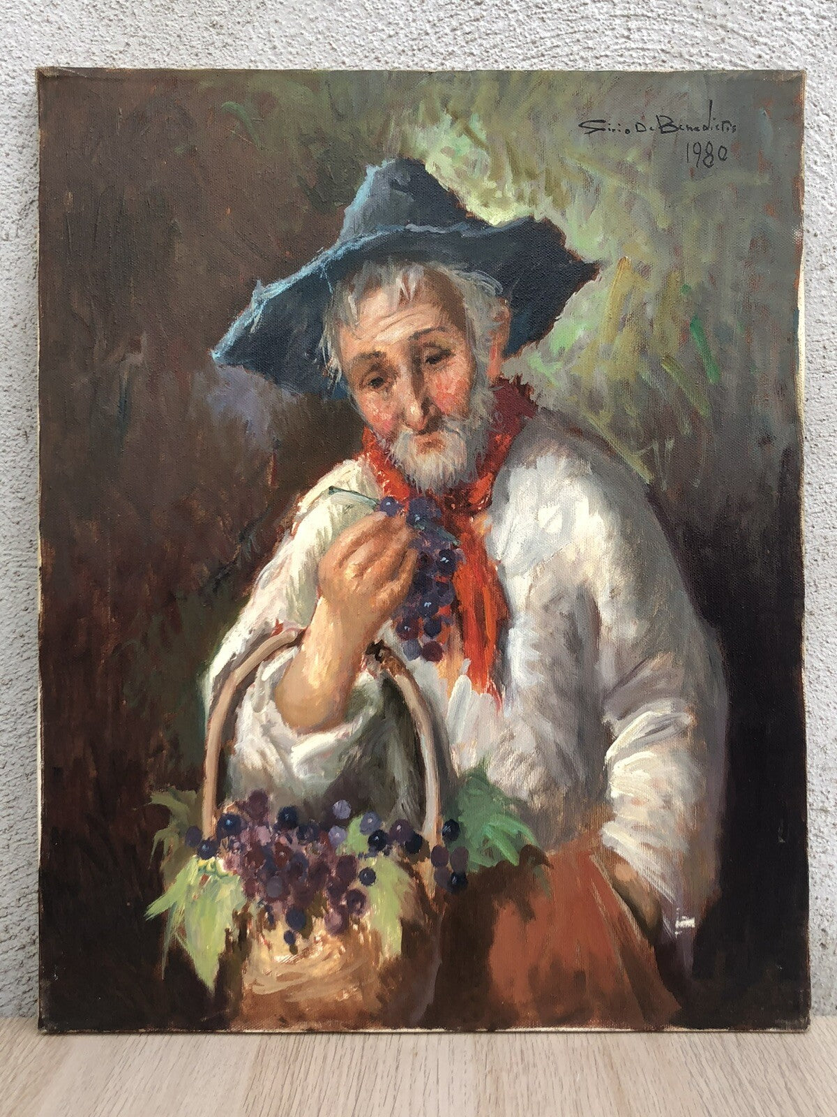 Quadro vintage -Contadino Con Uva- dipinto a olio su tela