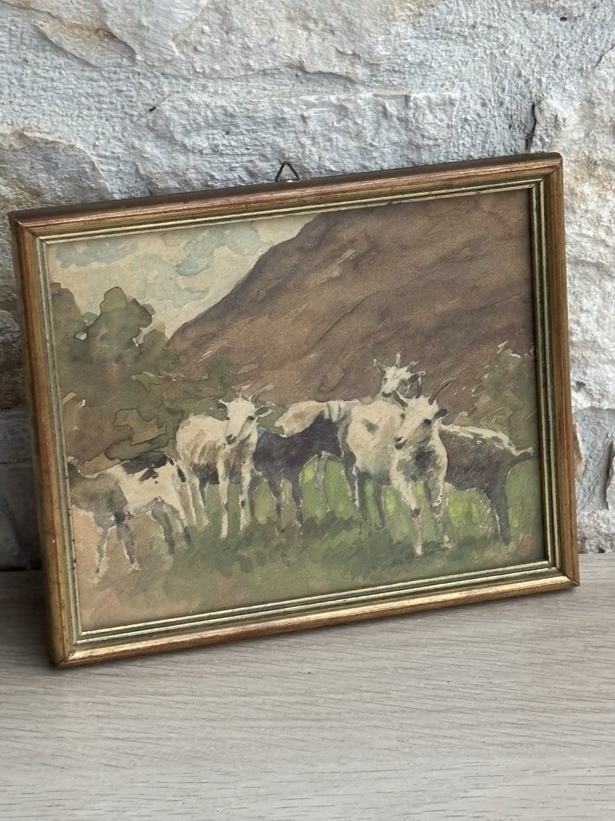 Quadro miniatura -Capre Al Pascolo- realizzato ad acquerello su carta