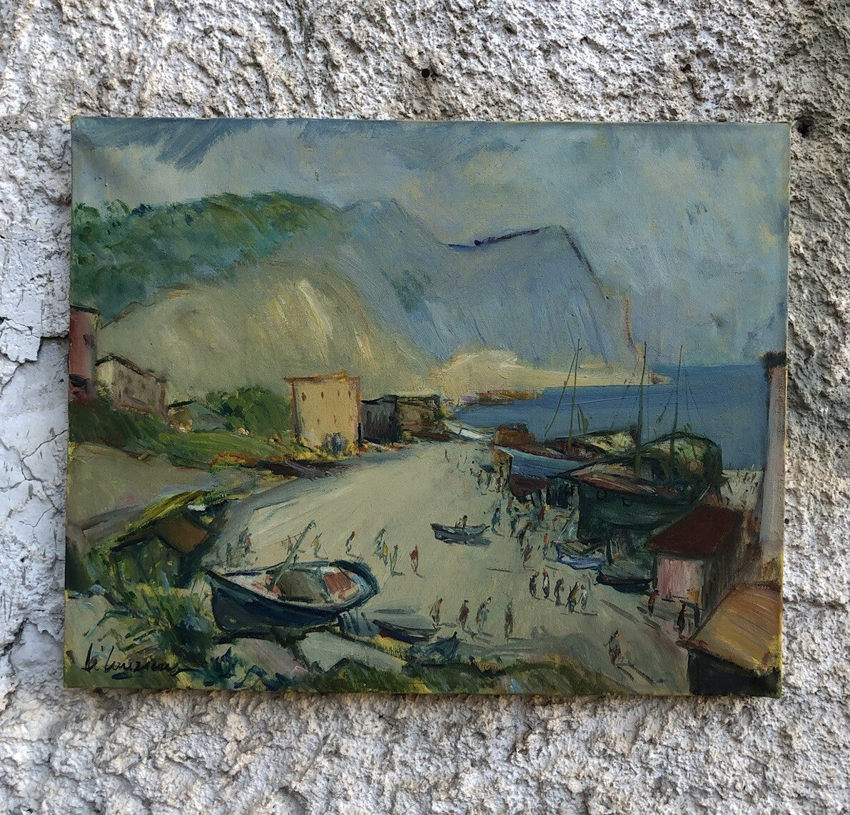 Quadro vintage -Porto Con Barche- dipinto a olio su tela