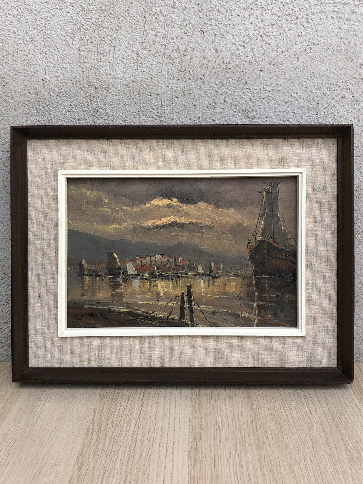 Quadro vintage -Marina Al Tramonto- dipinto a olio su tavoletta