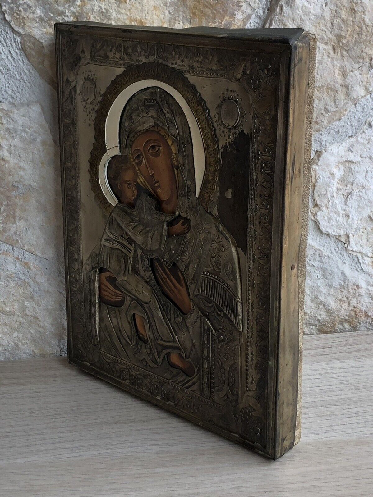 Icona Religiosa Russa Dipinta Vintage, Madonna Di Vladimir