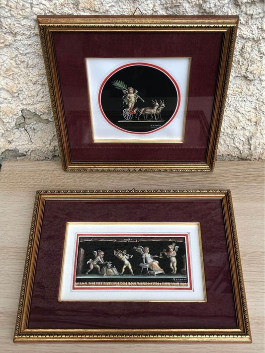 Coppia di quadri vintage “Puttini” dipinti ad acquerello su carta M.Cirillo