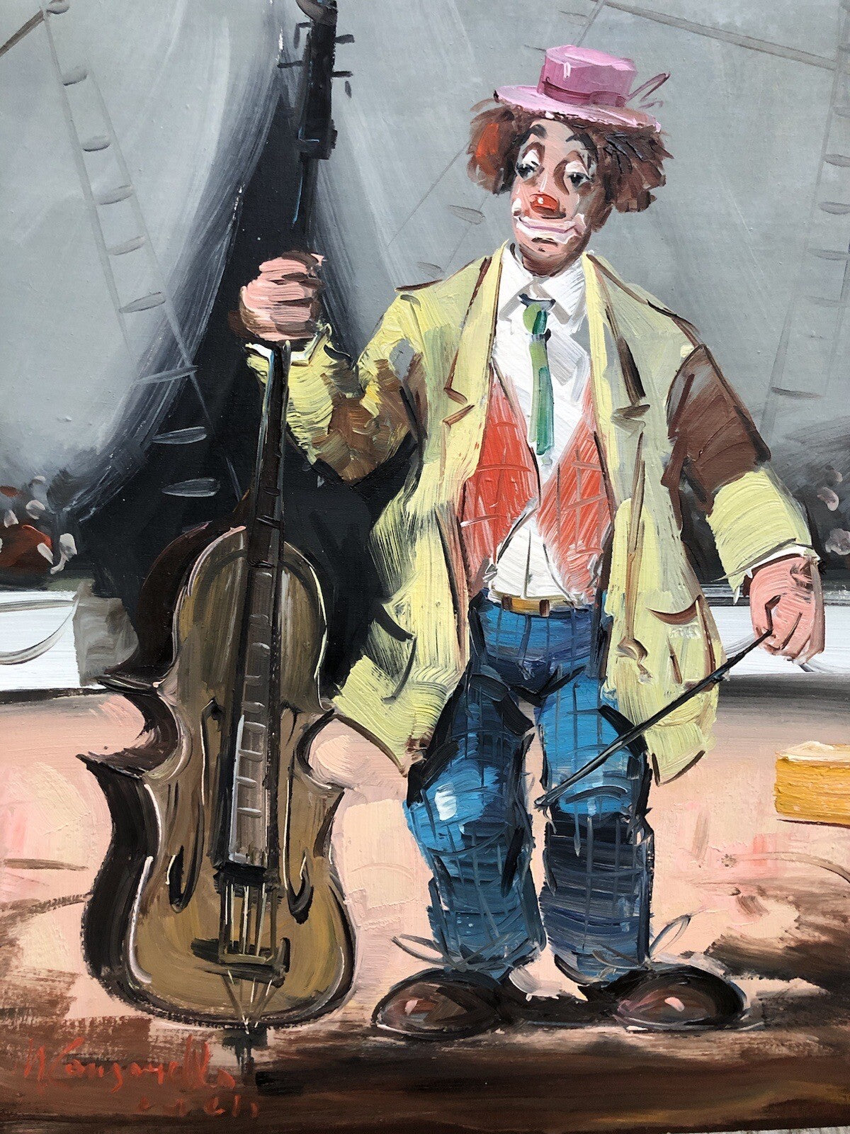 Quadro Vintage -Clown Al Circo- Dipinto A Olio Su Tela
