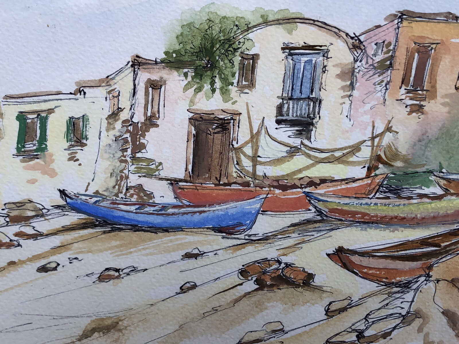 QUADRO VINTAGE-PAESAGGIO CON BARCHE-DIPINTO AD ACQUERELLO SU CARTA